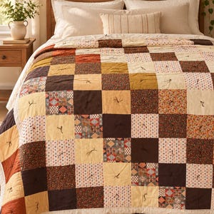 May include: A patchwork quilt featuring a grid of square fabric panels in shades of brown, cream, mustard yellow, and rust orange. The quilt displays various patterns including floral prints, geometric shapes, and solid colours, with visible hand-tied knots.