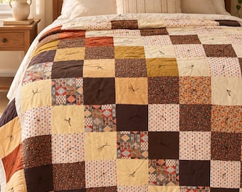 Trapunta patchwork fatta a mano, copriletto in cotone marrone e arancione, trapunta rustica annodata, accogliente coperta da cottage, 59 x 79 pollici, pezzo unico