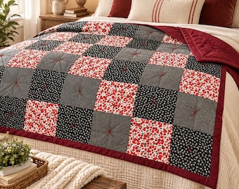 Handgefertigte Patchworkdecke, rot-schwarz-graues Blumenmuster, Baumwolldecke mit Polyesterfüllung, 150 x 200 cm, Unikat