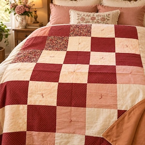 Peut inclure: Une courtepointe en patchwork présentant un motif en damier composé de carrés alternés rouge foncé, rose clair et à motifs floraux. La courtepointe est assemblée avec des nœuds noués à la main au centre de chaque carré et un envers rouge uni.
