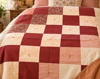 Trapunta patchwork bordeaux fatta a mano, copriletto in cotone con motivo floreale, trapunta con nodi rosso crema, coperta per camera da letto in stile cottage, 59 x 79 pollici