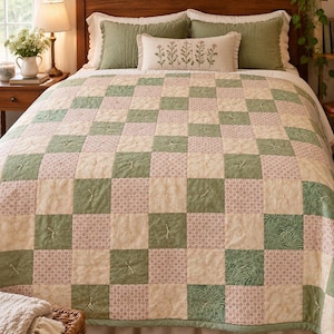 Può includere: Una trapunta patchwork caratterizzata da un motivo a scacchi con quadrati color verde salvia, rosa tenue e crema. La trapunta è arricchita da piccoli nodi annodati a mano al centro di ogni quadrato, creando una superficie testurizzata su tutto il letto.