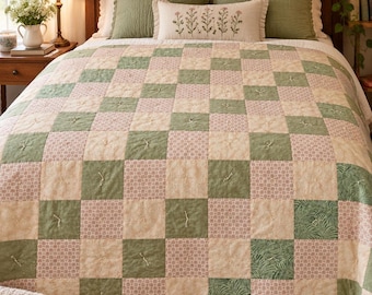 Trapunta patchwork verde salvia, copriletto in cotone 59 x 79 pollici, coperta in stile cottagecore, trapunta annodata a mano, biancheria da letto in stile rustico, pezzo unico