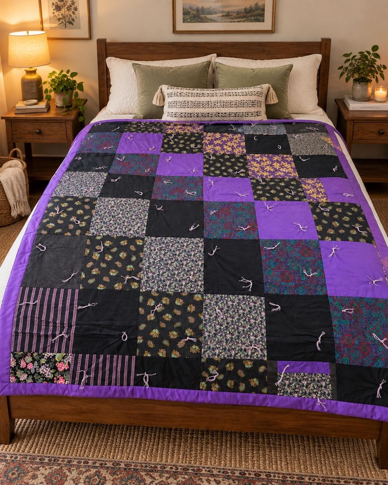 Pu&ograve; includere: Una trapunta patchwork composta da una griglia di pannelli quadrati in tessuto nei toni del viola, del nero e con motivi floreali scuri. La trapunta &egrave; annodata con piccoli fili di lana chiari agli angoli di ogni quadrato e ha un bordo viola.