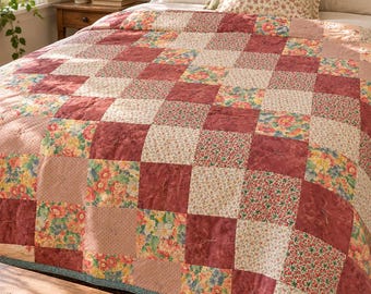 Trapunta patchwork floreale vintage, copriletto reversibile in cotone 59 x 79 pollici, coperta in stile cottagecore, trapunta con rose bordeaux, pezzo unico
