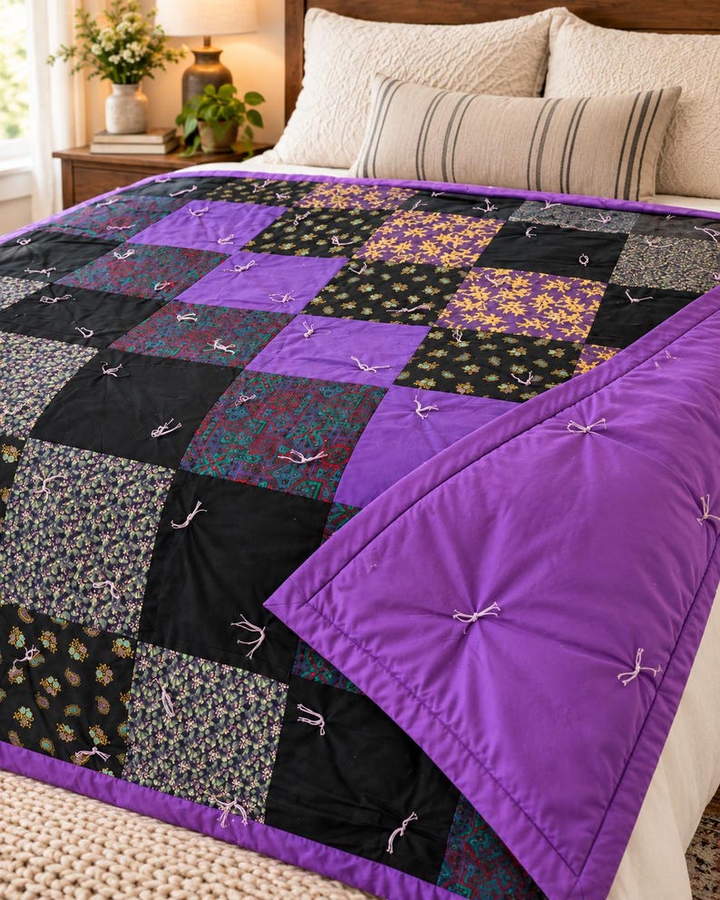 Pu&ograve; includere: Una trapunta patchwork caratterizzata da una griglia di blocchi di tessuto quadrati in tonalit&agrave; viola, nero e motivi floreali multicolori. La trapunta &egrave; annodata con piccoli nodi di filo chiaro a ogni intersezione e ha un retro in tinta unita.
