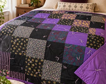 Lila-schwarze Patchworkdecke, wendbare Baumwoll-Tagesdecke 150 x 200 cm, Boho-Decke in Juwelentönen, handgeknüpfte Decke, Unikat