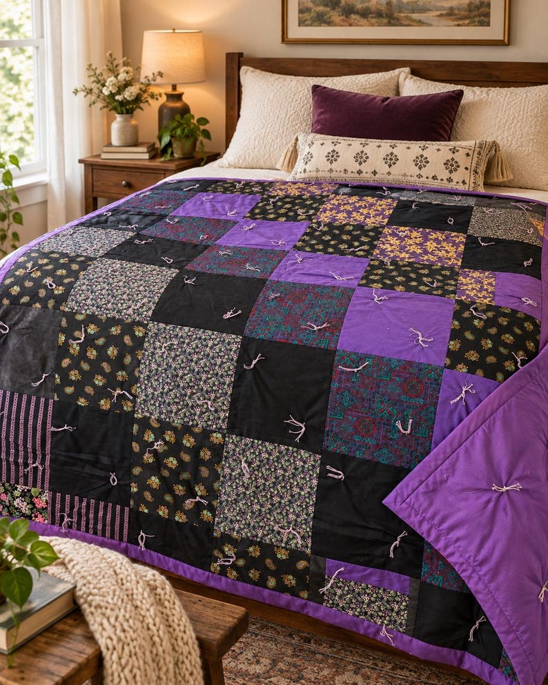 Pu&ograve; includere: Una trapunta patchwork caratterizzata da una griglia di pannelli quadrati in tessuto nei toni del viola, del nero e con motivi floreali e geometrici multicolori. La trapunta &egrave; annodata con piccoli fili chiari agli angoli di ogni riquadro.