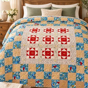 Op de afbeelding: Een patchwork quilt met een centraal paneel van negen rode sterblokken op een bloemrijke achtergrond, omringd door afwisselende vierkanten van effen beige stof en blauwe stof met vogels en witte bloesems, afgewerkt met gele knoopjes.