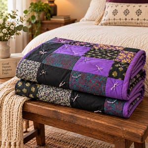 Pu&ograve; includere: Una trapunta patchwork piegata caratterizzata da una variet&agrave; di quadrati di tessuto in tonalit&agrave; viola, nero e motivi floreali. La trapunta &egrave; realizzata con visibili legacci in filo chiaro agli angoli di ogni quadrato e un bordo viola.