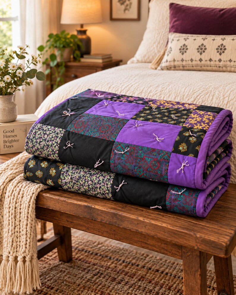 Pu&ograve; includere: Una trapunta patchwork piegata caratterizzata da una variet&agrave; di quadrati di tessuto in tonalit&agrave; viola, nero e motivi floreali. La trapunta &egrave; realizzata con visibili legacci in filo chiaro agli angoli di ogni quadrato e un bordo viola.