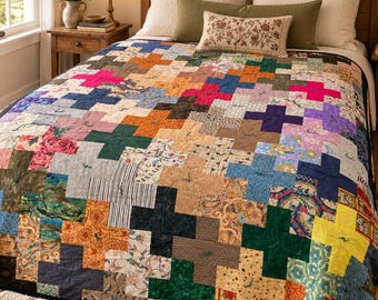 Handgefertigte Patchworkdecke, bunte Plus-Decke, Baumwoll-Tagesdecke, geknotete Decke, Boho-Cottage-Decke, 150 x 200 cm, Unikat