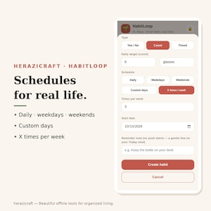 May include: A digital interface for the HabitLoop app on a mobile device, featuring input fields for habit tracking, including type, daily target, schedule, and start date. Text reads Herazicraft HabitLoop Schedules for real life.