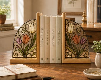 Tulip Stained Glass Bookends, Wooden L-Shaped Book Holders, Floral Reading Nook Decor, Book Lover Gift for Home Library