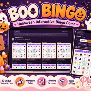 Halloween Bingo Game, 50 Printable Cards, Interactive Bingo Caller, Kids Classroom Party Activity, Offline HTML Digital Download