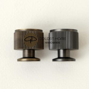 Industrial Solid Brass Drawer Knobs, Linear Knurled Cabinet Hardware, Aged Gold Pulls