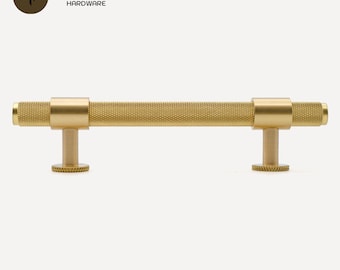 Knurled Brass Cabinet Pulls, Architectural Brushed Gold Drawer Handles, Solid Brass Kitchen Hardware