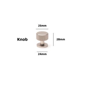 May include: A silver-toned metal knob with a textured, knurled cylindrical top and a smooth base. The text 'Knob' is present. Dimensions are labelled as 25mm for the top diameter, 24mm for the base diameter, and 28mm for the total height.
