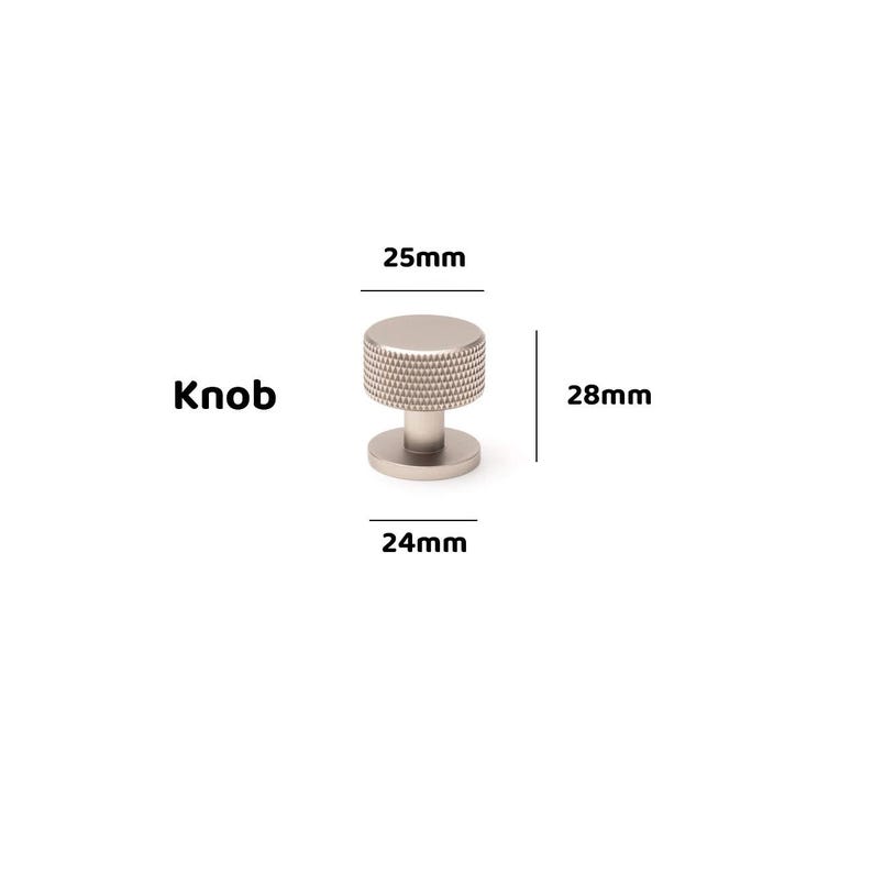 May include: A silver-toned metal knob with a textured, knurled cylindrical top and a smooth base. The text 'Knob' is present. Dimensions are labelled as 25mm for the top diameter, 24mm for the base diameter, and 28mm for the total height.