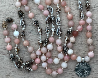 Mala Necklace 108 Mala Prayer Bead Necklace with Sanskrit Charm Pink Opal and Shells