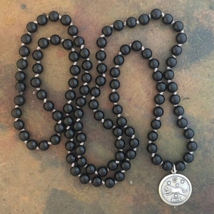 Necklace 108 Mala Necklace with Black Onyx and Vintage Silver Leo Charm