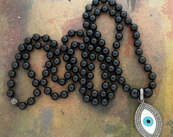 Mala Necklace 108 Mala Prayer Bead Necklace with Diamond and Enamel Evil Eye Charm and Black Onyx Beads