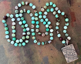 108 Chrysoprase Mala with Dan Dodson Vintage Silver Navajo Arrow Amulet