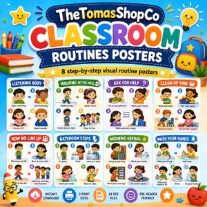 Peut inclure: Un ensemble de huit affiches éducatives sur les routines de classe intitulées TheTomasShopCo Classroom Routines Posters. Les affiches présentent des illustrations colorées d'enfants effectuant des tâches quotidiennes comme écouter, marcher, demander de l'aide, nettoyer, faire la queue, aller aux toilettes, arriver le matin et se laver les mains.