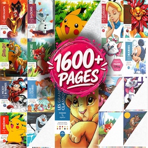 May include: A collection of Disney and Pokémon themed coloring books featuring various characters like Pikachu, Mickey Mouse, Simba, and Scooby-Doo. The central graphic displays the text 1600+ PAGES in bold white letters on a bright pink circular background.