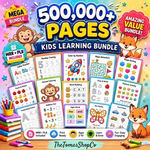 May include: A digital kids learning bundle featuring 500,000+ pages of educational activities including letter practice, number tracing, mazes, and coloring sheets. The graphic displays a monkey, a fox, and various worksheets.