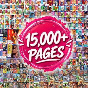 May include: A digital collection of numerous colorful cartoon character illustrations arranged in a grid pattern, featuring a large, circular, bright pink paint-splatter graphic in the center with the white text 15,000+ PAGES.