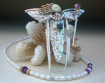 Angel Fairy Necklace in Sterling Silver and 14K gold accents, with amethyst wand and boulder opal heart.  Freshwater pearl necklace included