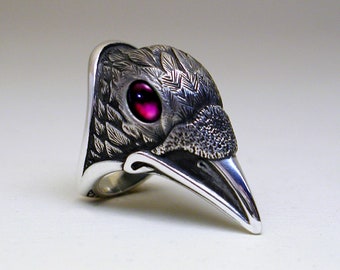 Raven Ring, with garnet eyes, for Men or Women