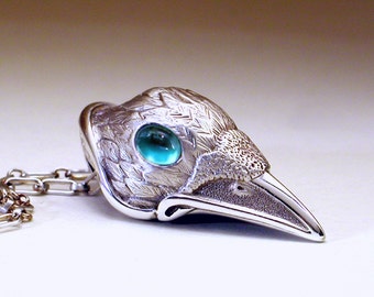 White Spirit Raven Pendant with Blue Topaz Eyes on sterling silver chain