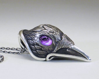 Black Raven pendant , Crow totem in solid 925 sterling silver, with genuine Amethyst eyes! Necklace on oxidized silver chain