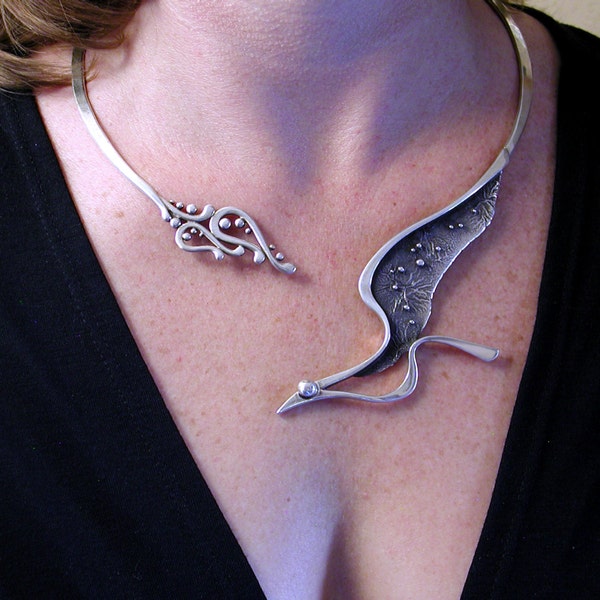 Darkwing Sterling Silver Bird in Flight Torque Necklace