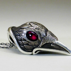 Black Raven pendant in solid 925 sterling silver, with genuine Red Garnet eyes! Raven necklace on oxidized silver chain