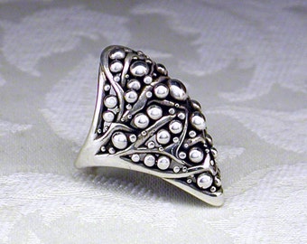 Silver Bubble ring, long dome shape, open work, sterling silver, .925, statement ring, comfortable, classy!