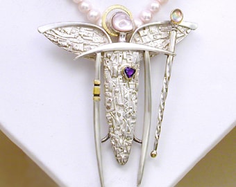 Sterling Silver Angel Pendant,  enhancer with gold accents, Freshwater pearl necklace, guardian angel,  angelic necklace