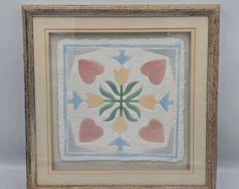 Vintage Figi Graphics Hearts and Tulips Cast Paper Quilt Art Framed 13x13