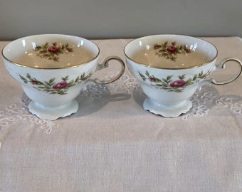 Vintage Johann Haviland Moss Rose Footed Teacups Bavaria Germany Set of 2