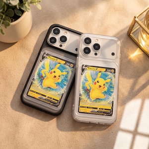 May include: Two smartphone cases, one black and one clear, each featuring a Pikachu V trading card inserted into the back. The cards display the character Pikachu with yellow fur, red cheeks, and lightning effects, labelled with the text Pikachu V 250 HP.
