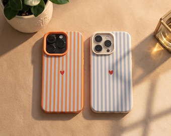 Pastel Stripe iPhone Case with Heart Pattern - Stylish and Shockproof Case - Compatible with iPhone 11, 12, 13, 14, 15, 16, 17 Pro, Pro Max and Plus
