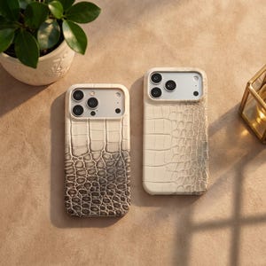 Puede incluir: Dos fundas para smartphone con un patrón texturizado de piel de cocodrilo. La funda de la izquierda pasa de un color crema en la parte superior a un gris oscuro en la inferior. La de la derecha es totalmente crema. Ambas tienen aberturas.