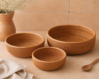 Ensemble de 3 paniers en osier tressé à la main – Paniers ronds en rotin naturel – Rangement cuisine, maison et décoration bohème