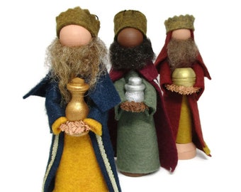 Three Wise Men Ornament Set, Nativity Scene, Clothespin Ornaments, The Magi, Three Kings, Christmas Decor, Peg Doll, Ornament Exchange