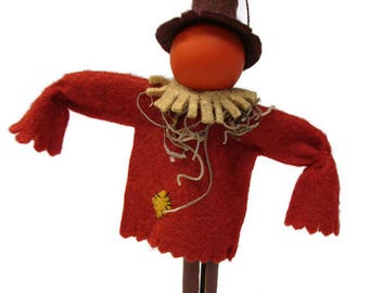 Garden Scarecrow Clothespin Ornament, Halloween Decor, Pumpkin Head, Peg Doll
