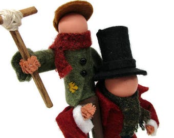 Bob Cratchit and Tiny Tim Clothespin Ornament, Peg Doll, Charles Dickens A Christmas Carol, Tiered Tray Decor, Christmas Ornament