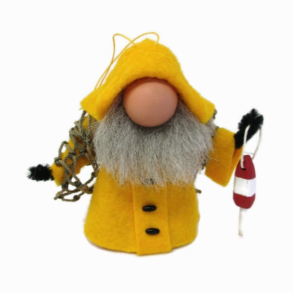 Lobsterman Gnome in Yellow Slicker, Clothespin Ornament, Peg Doll, Nordic Gnome, New England Fisherman