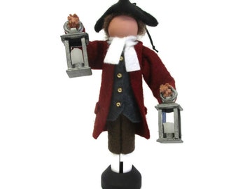 Robert Newman Clothespin Ornament, Two if by Sea, Old North Church Lanterns, Peg Doll, Colonial Patriot